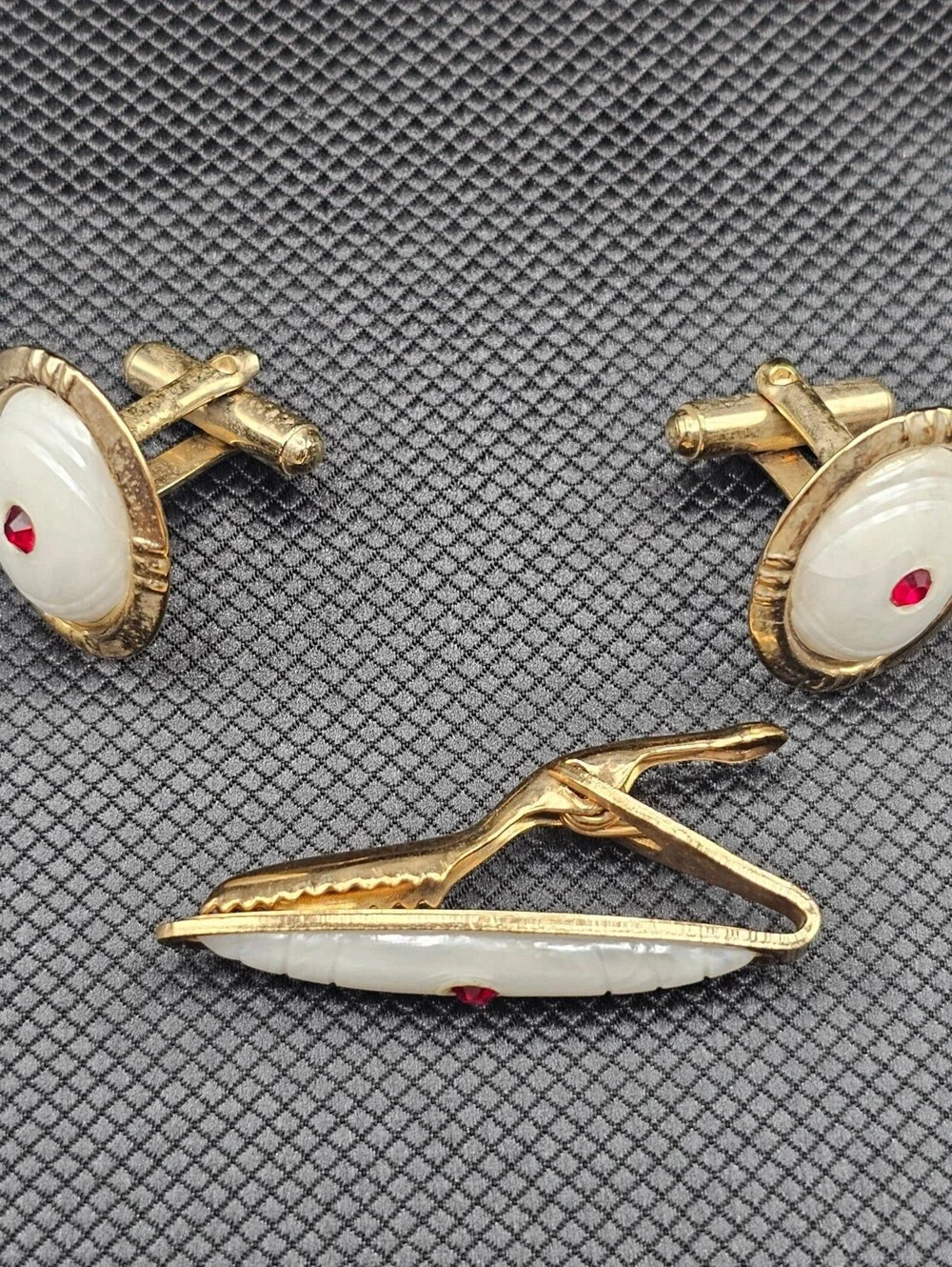 Vintage Gold Tone Cufflinks and Tie Clip Set with White and Red Accents